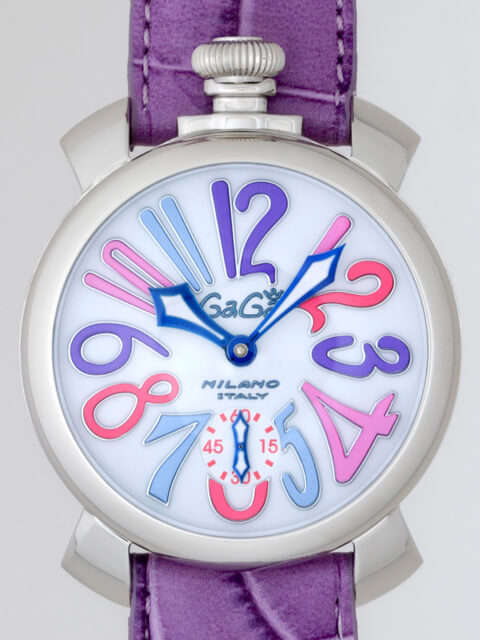 ガガ･ミラノスーパーコピー GAGAMILANO マニュアル　48mm　手巻き z5010.9 パープル皮 ホワイト/マルチカラーアラビア